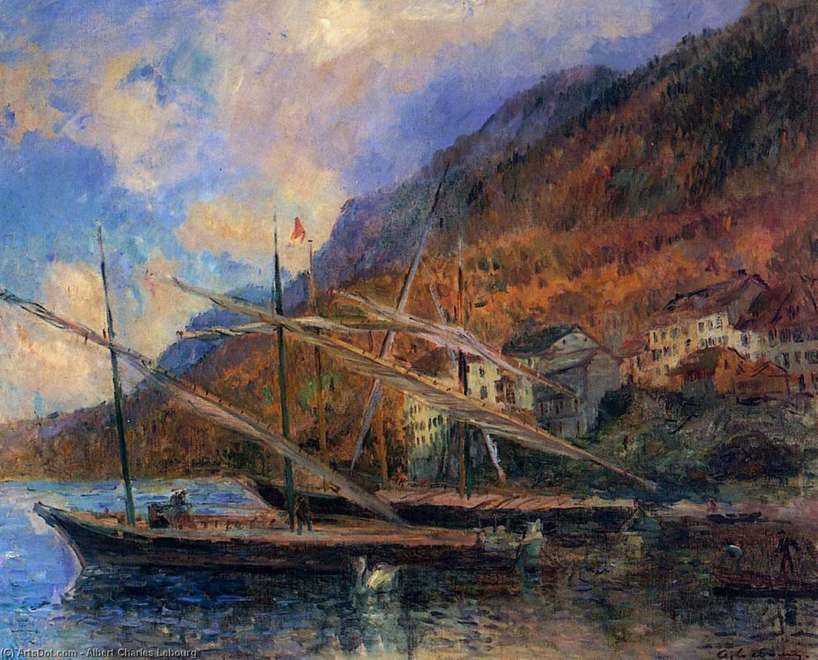 Boats By The Banks Of Lake Geneva At Saint-gingolph — Albert-charles Lebourg