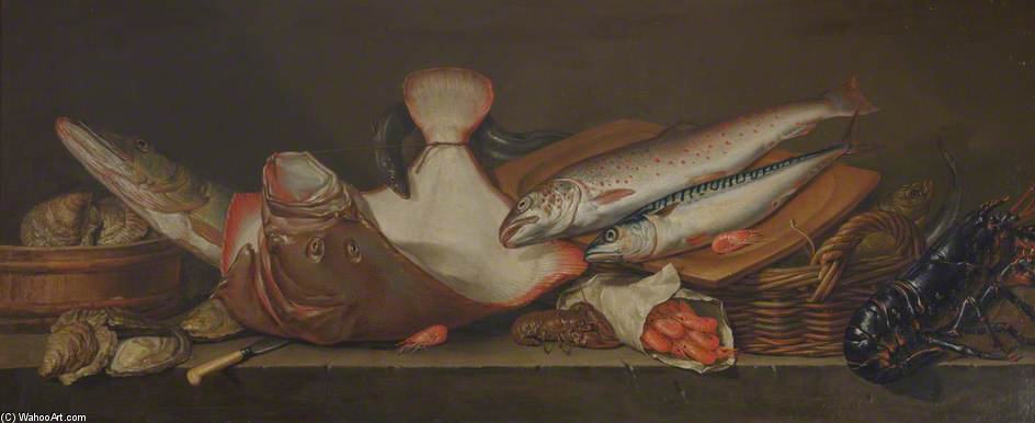 Still Life Of Lobsters, Mackerel And Other Fish On A Ledge — Pieter Andreas Rysbrack