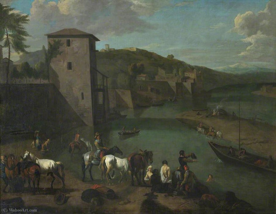 A Riverside Town With High Embankment Walls, Figures Bathing And Traders With Their Horses On The Mudflats — Pieter Van Bloemen