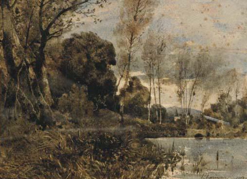A White Castle Seen From A Lake-side — Henri-joseph Harpignies
