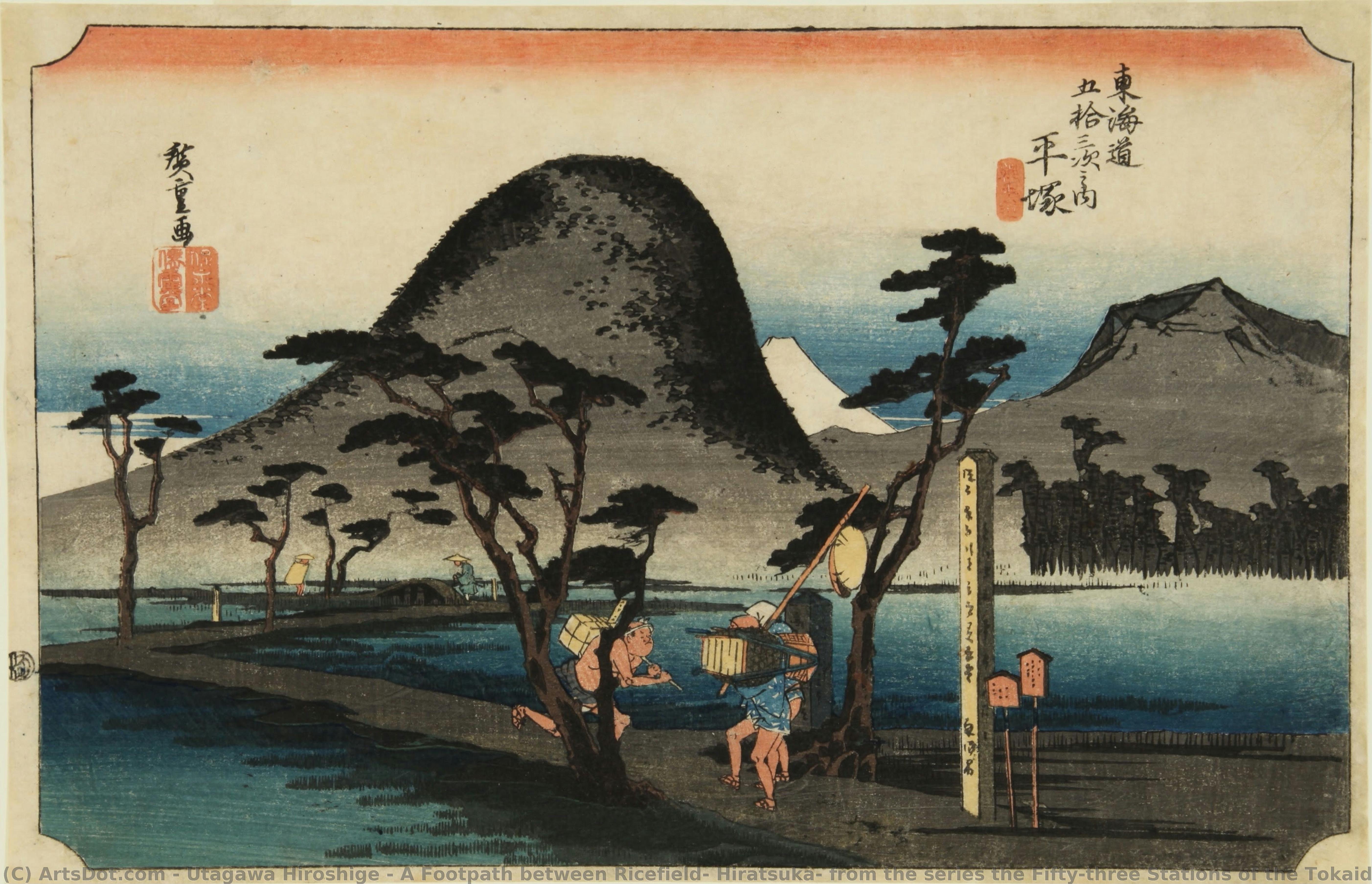 Ein Pfad Zwischen Reisfeldern, Hiratsuka, Aus Der Serie Die Dreiundfünfzig Stationen Des Tokaido (hoeido-ausgabe) — Utagawa Hiroshige