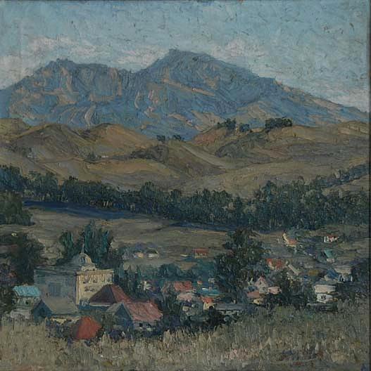 (village Scene With Mountains In The Distance), (painting) — Mary Agnes Yerkes