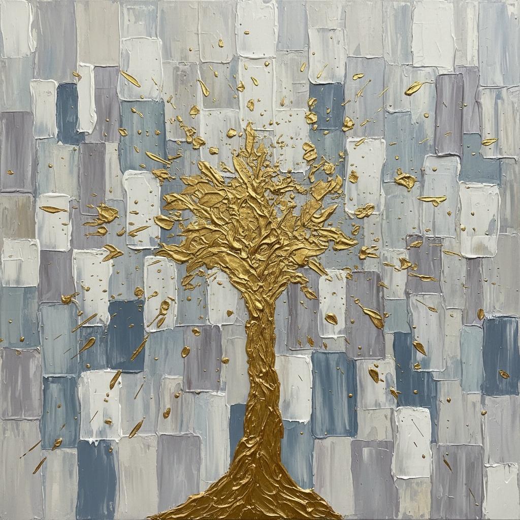 Gilded Solitude: A Monumental Golden Silhouette Amidst Muted Mosaic Fragments — David Moreau