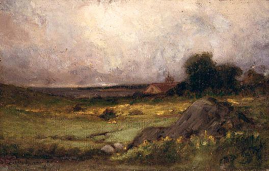 Untitled (landscape With Rock In Foreground And Roof With Steeple, Lake In Background), (painting) — Edward Mitchell Bannister
