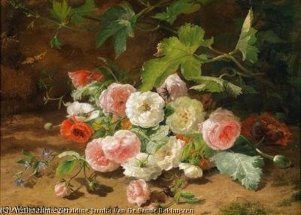 Bouquet Of Roses On The Forest Floor With Beetle And Butterfly — Geraldine Van De Sande Bakhuyzen