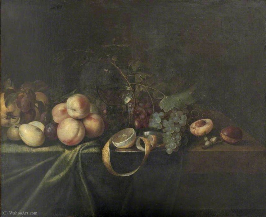 Still Life With Grapes, Peaches And A Bohemian Glass Goblet — Cornelis De Heem