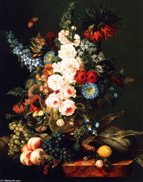 Still Life With Flowers, Fruit And Corn — Корнелиус Давид Криехоф