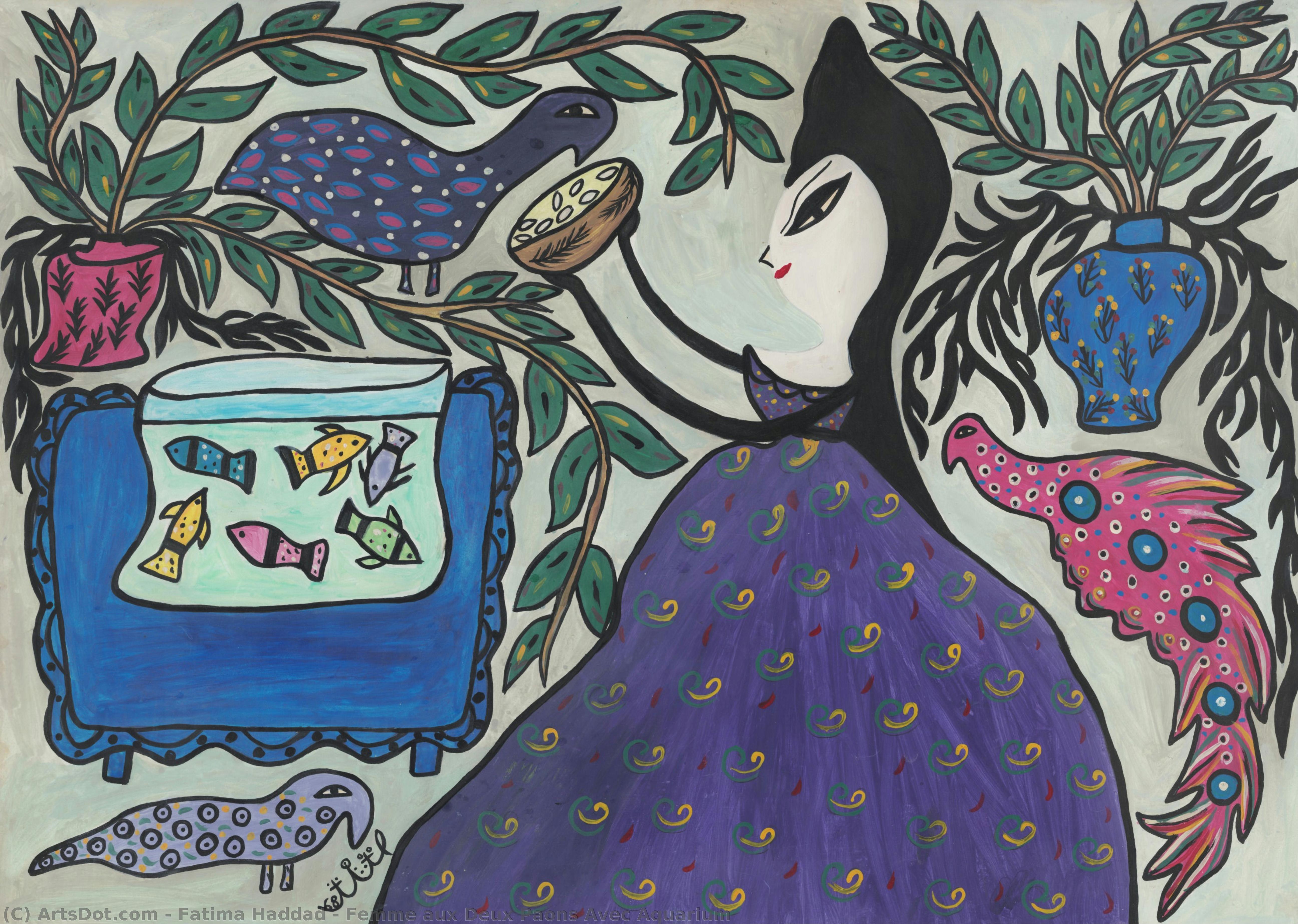Femme Aux Deux Paons Avec Aquarium — Fatima Haddad