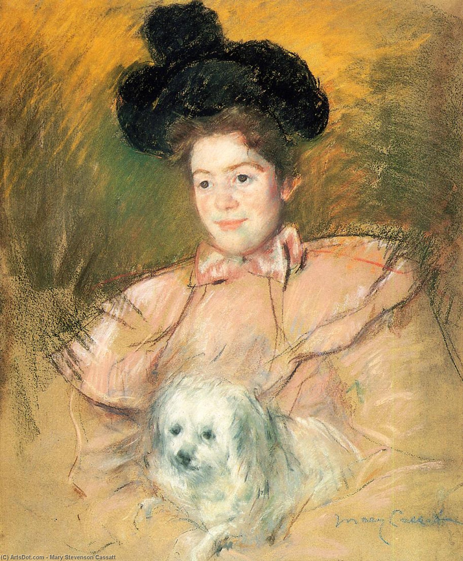 Woman In Raspberry Costume Holding A Dog — Mary Stevenson Cassatt