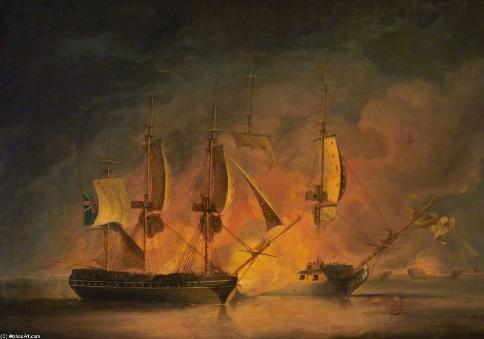 Action At Sea - An English And A French Frigate Engaging — Robert Dodd