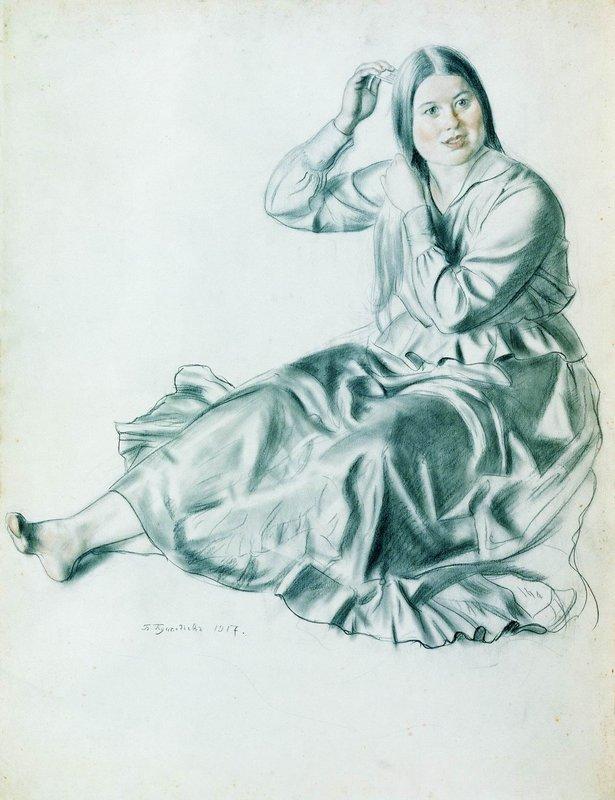 Girl Combing Her Hair — Boris Mikhailovich Kustodiev