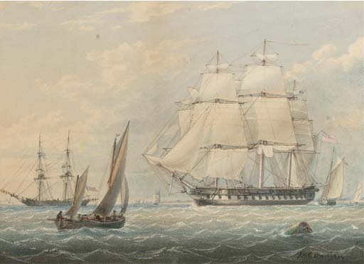 A Royal Naval Frigate Amidst Other Shipping At Spithead — John Wilson Carmichael