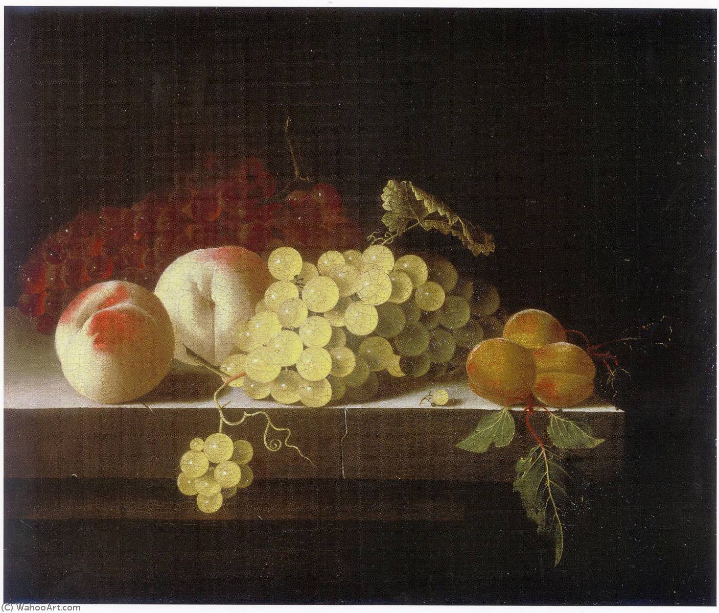 English Grapes, Peaches And Apricots On A Stone Plinth — After Adriaen Coorte