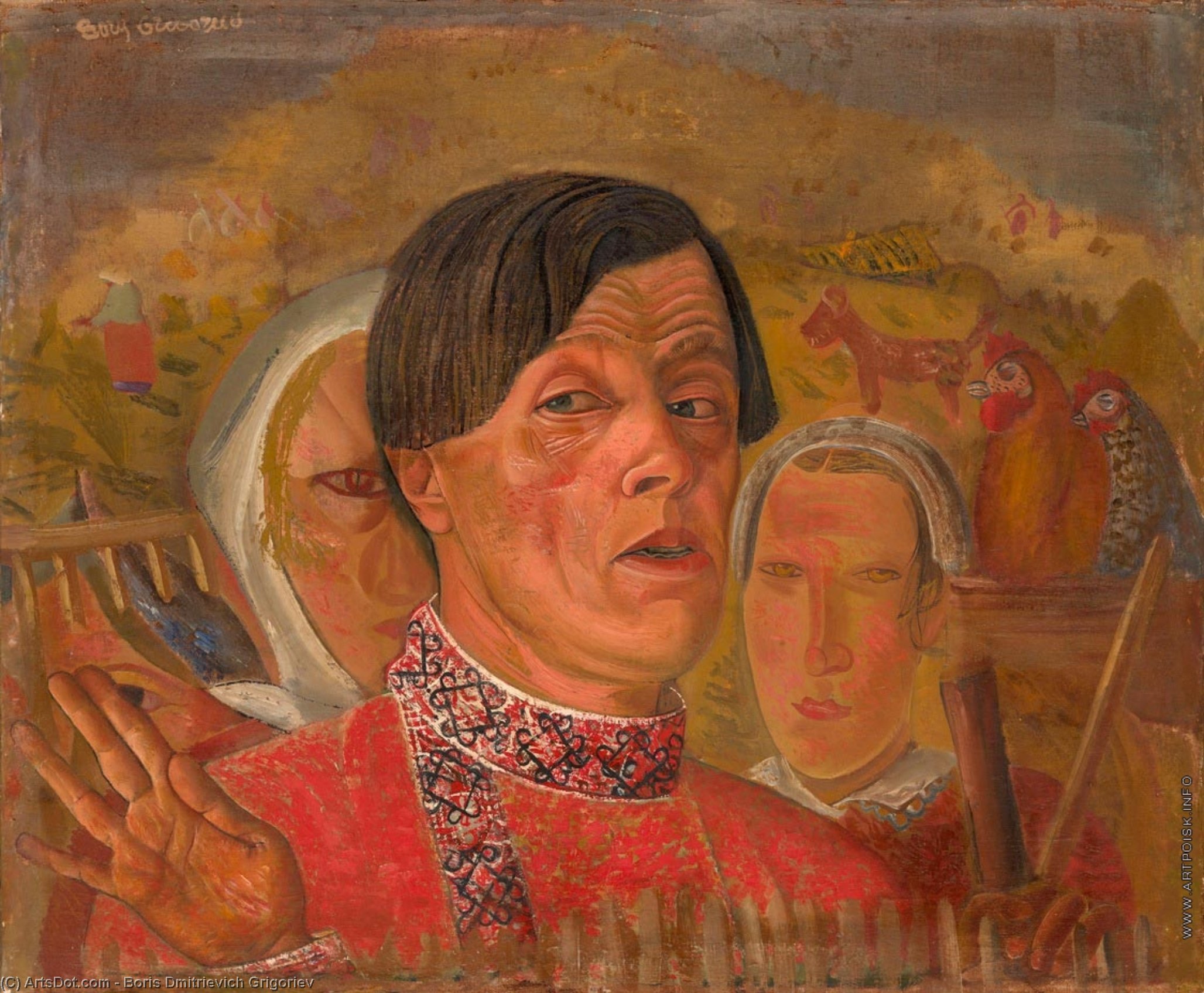 Self-portrait With Hen And Rooster — Boris Dmitrijevič Grigorjev