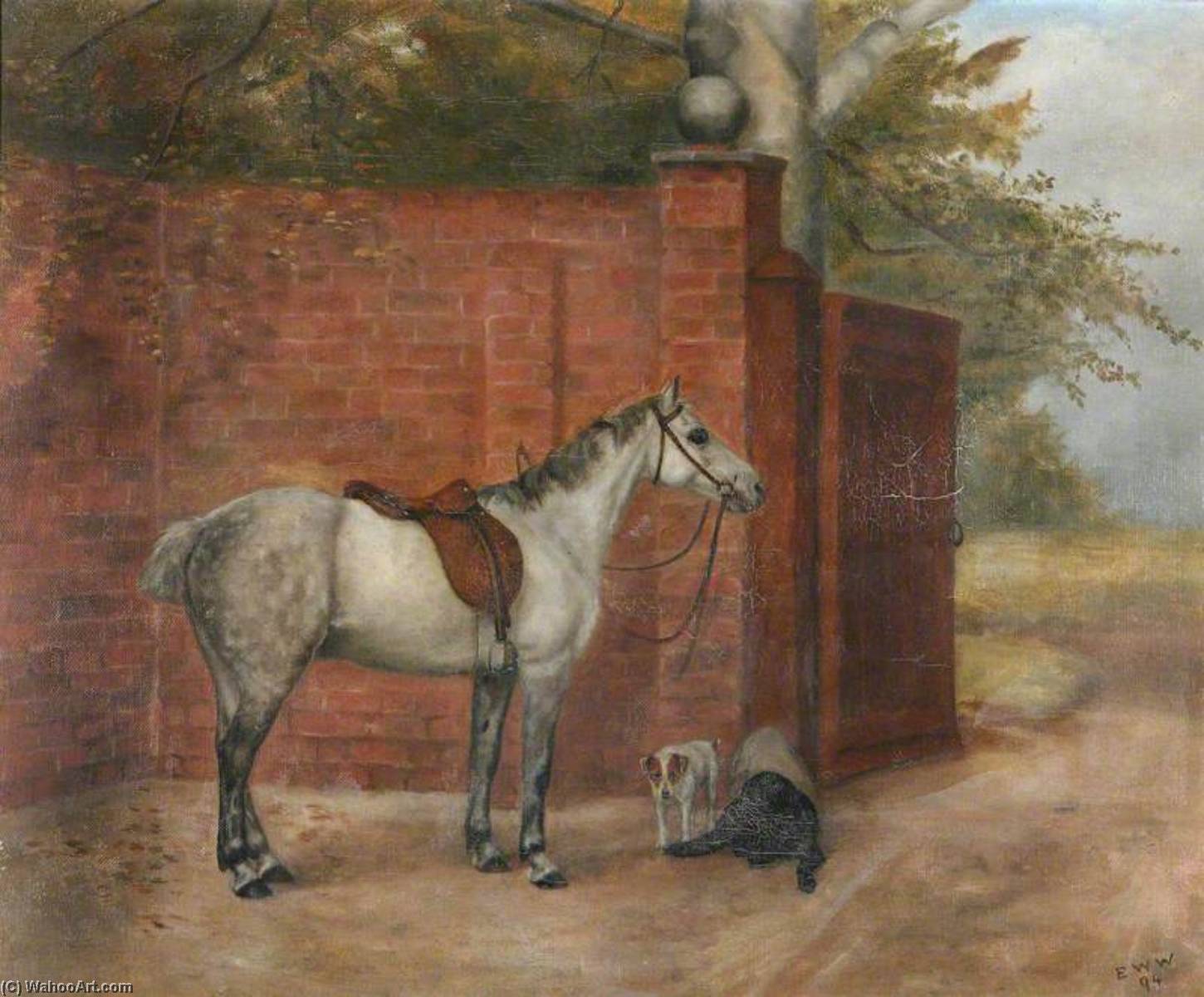 A Dapple Grey Horse With Dogs Beside A Wall — Evelyn Blacklock