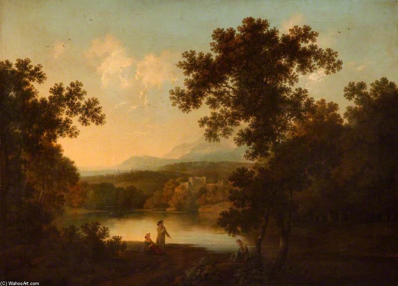 A Landscape With Views Of A Ruined Castle And A Distant Town Seen Over Water — George Smith