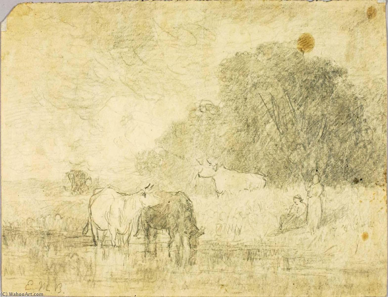 Landscape With Cows At Pond, Two Figures — Edward Mitchell Bannister
