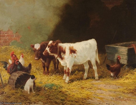 Calves, Chickens And Dogs In A Stable Interior — Claude Cardon