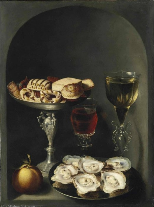 Oysters On A Pewter Plate, Sweetmeats And Biscuits In A Silver Tazza, Two Façon-de-venise Wine Glasses And An Orange In A Niche — Osias Beert The Elder