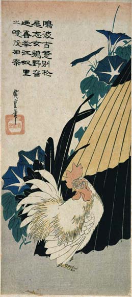 Cock, Umbrella And Morning Glory — Ando Hiroshige