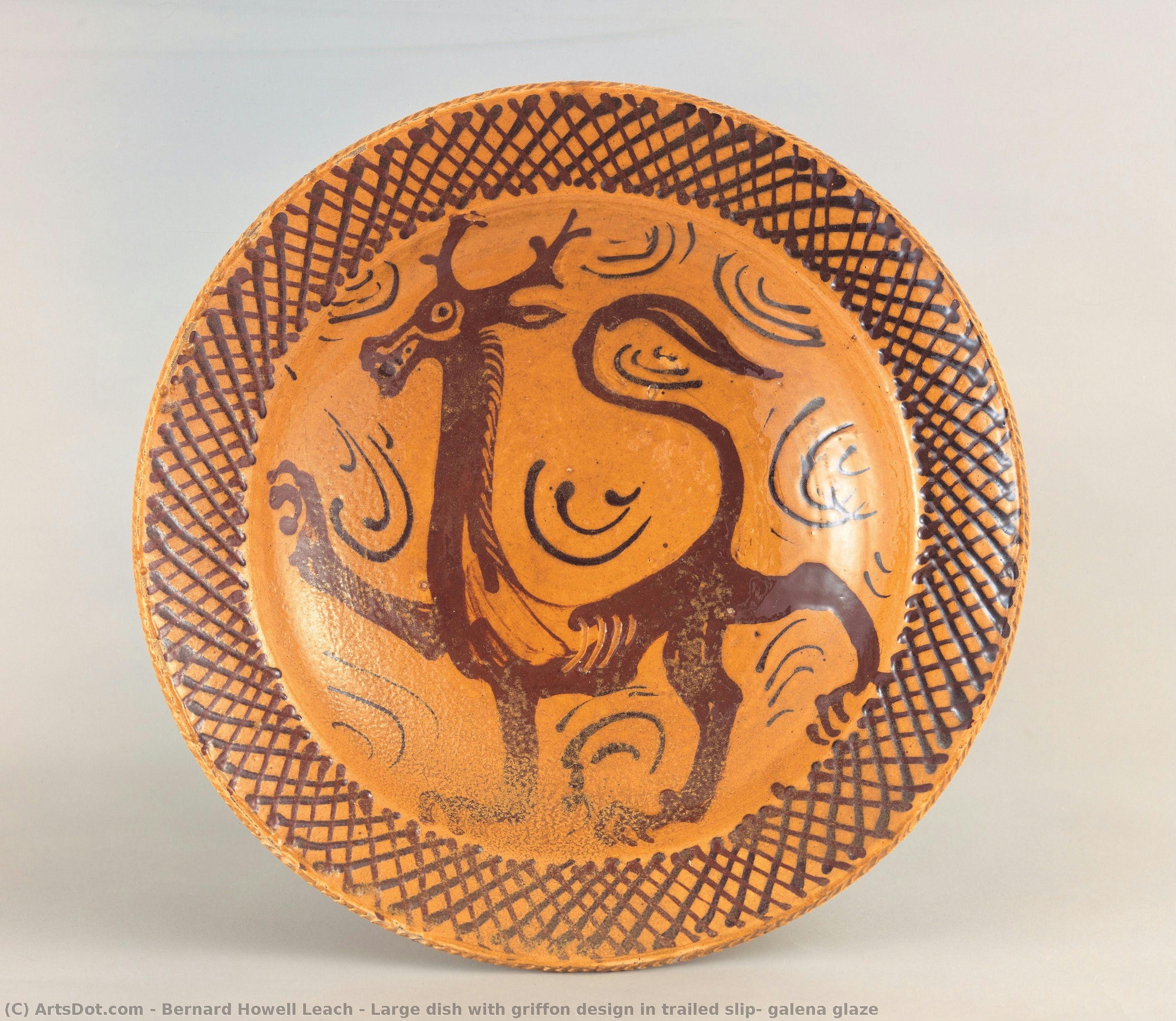 Large Dish With Griffon Design In Trailed Slip, Galena Glaze — Bernard Howell Leach