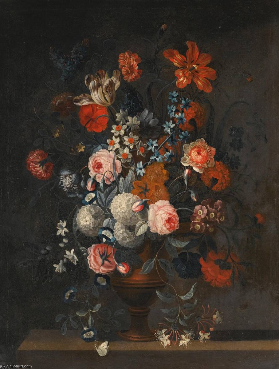 Arrangement Of Tulips, A Peonie, Forget Me Not And Other Flowers In A Vase On A Ledge — Simon Hardimé