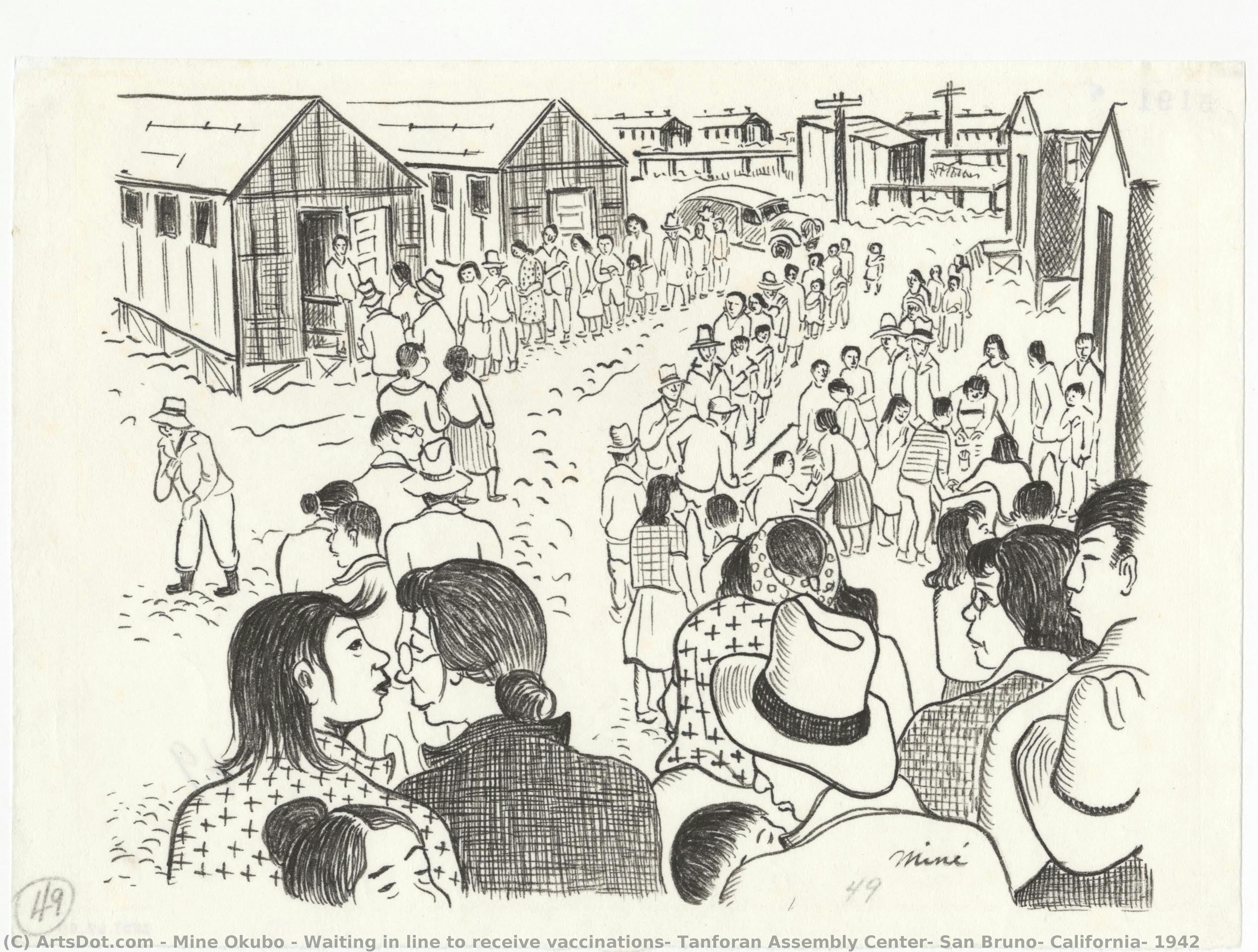 Waiting In Line To Receive Vaccinations, Tanforan Assembly Center, San Bruno, California, 1942 — Miné Okubo
