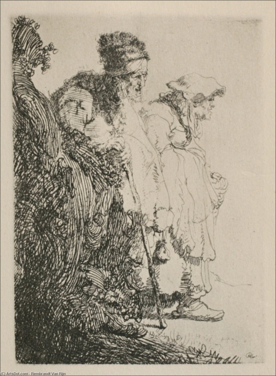 Zwei Bettler, Ein Mann Und Eine Frau, Kommend Von Hinter Einer Bank — Rembrandt Van Rijn