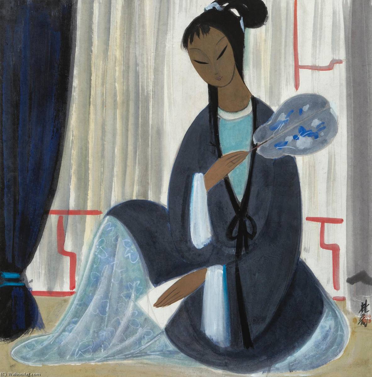 Lady With A Fan — Lin Fengmian Flying Geese Over The Lotus Pond
