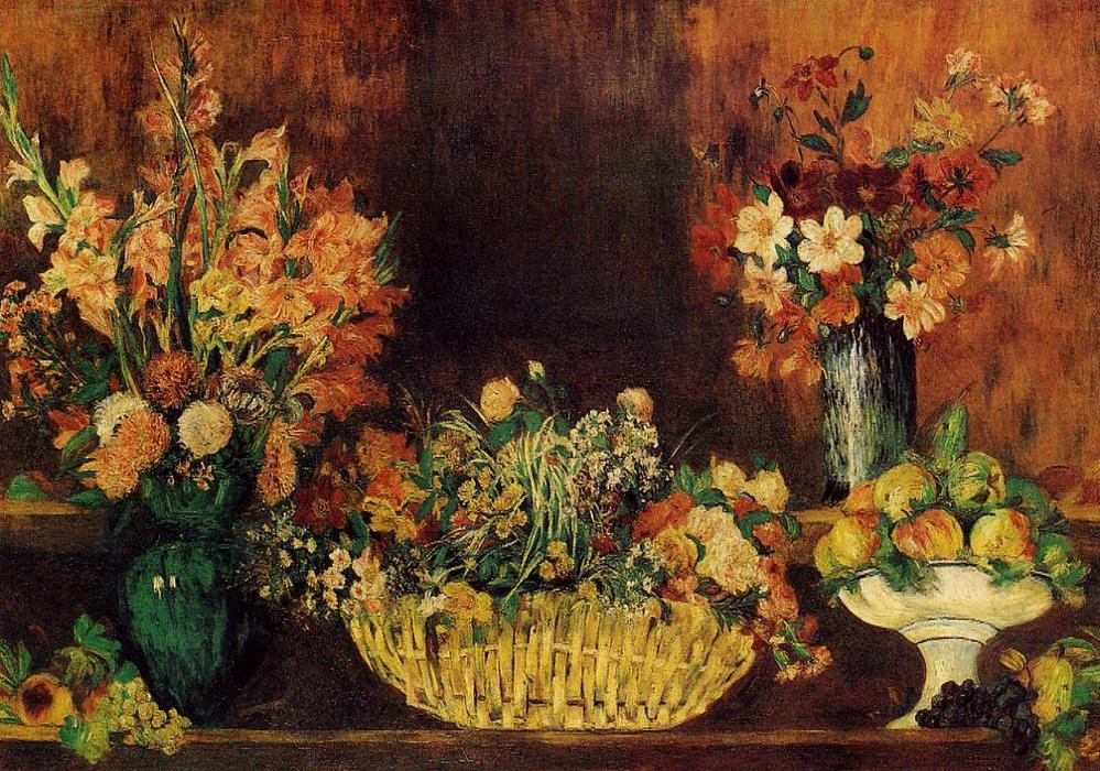 Vase, Basket Of Flowers And Fruit — Pierre-auguste Renoir