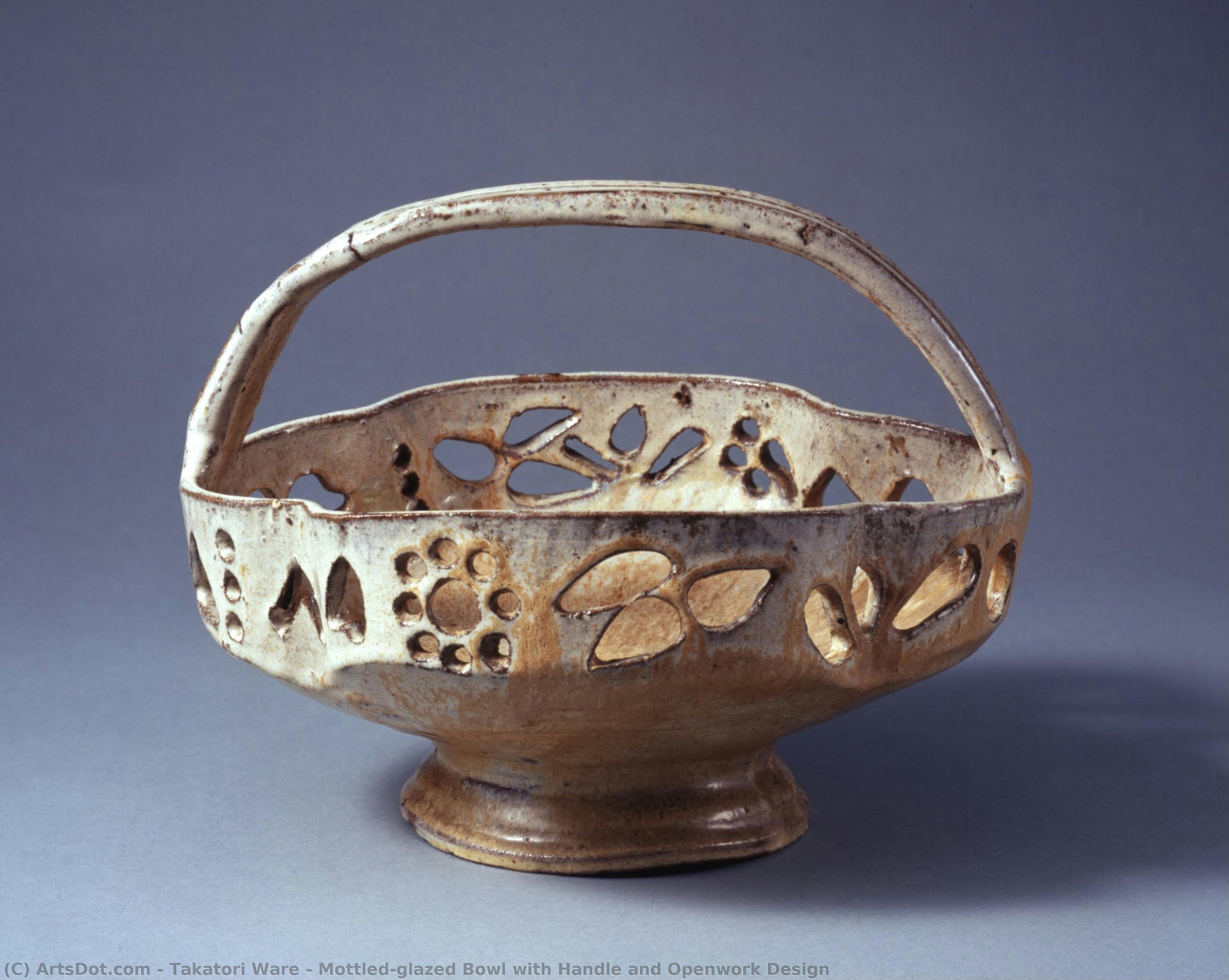 Mottled-glazed Bowl With Handle And Openwork Design — Takatori Ware