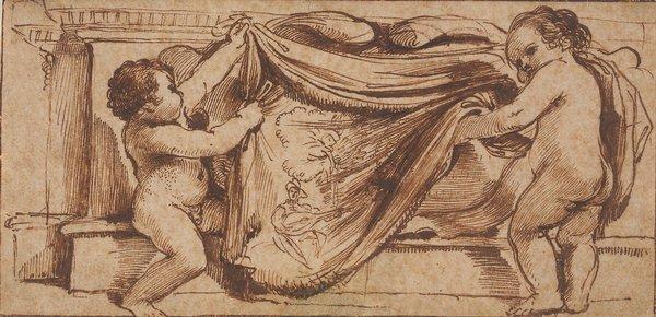 Two Putti Covering A Cartouche On The Base Of A Pediment With A Tapestry Showing A Man Playing A Lute In A Landscape Setting — Guercino