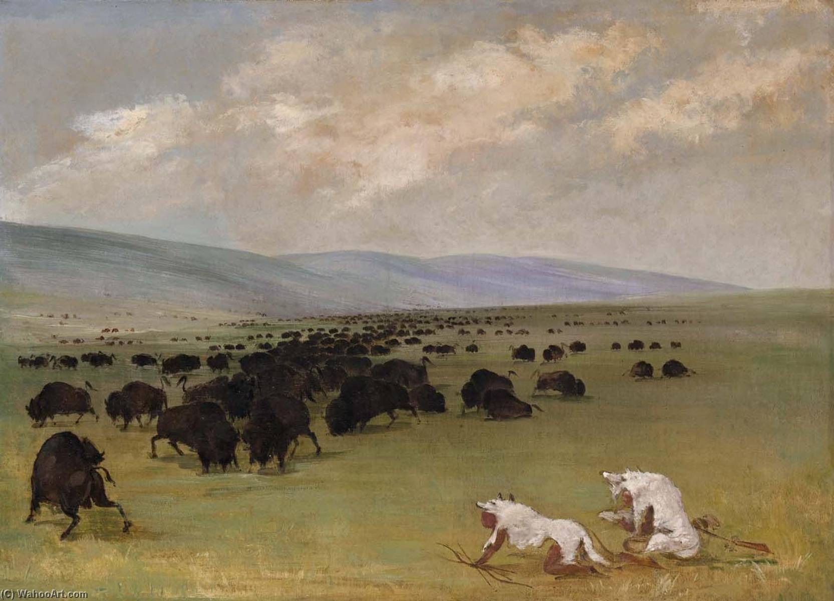 Catlin And His Indian Guide Approaching Buffalo Under White Wolf Skins — George Catlin