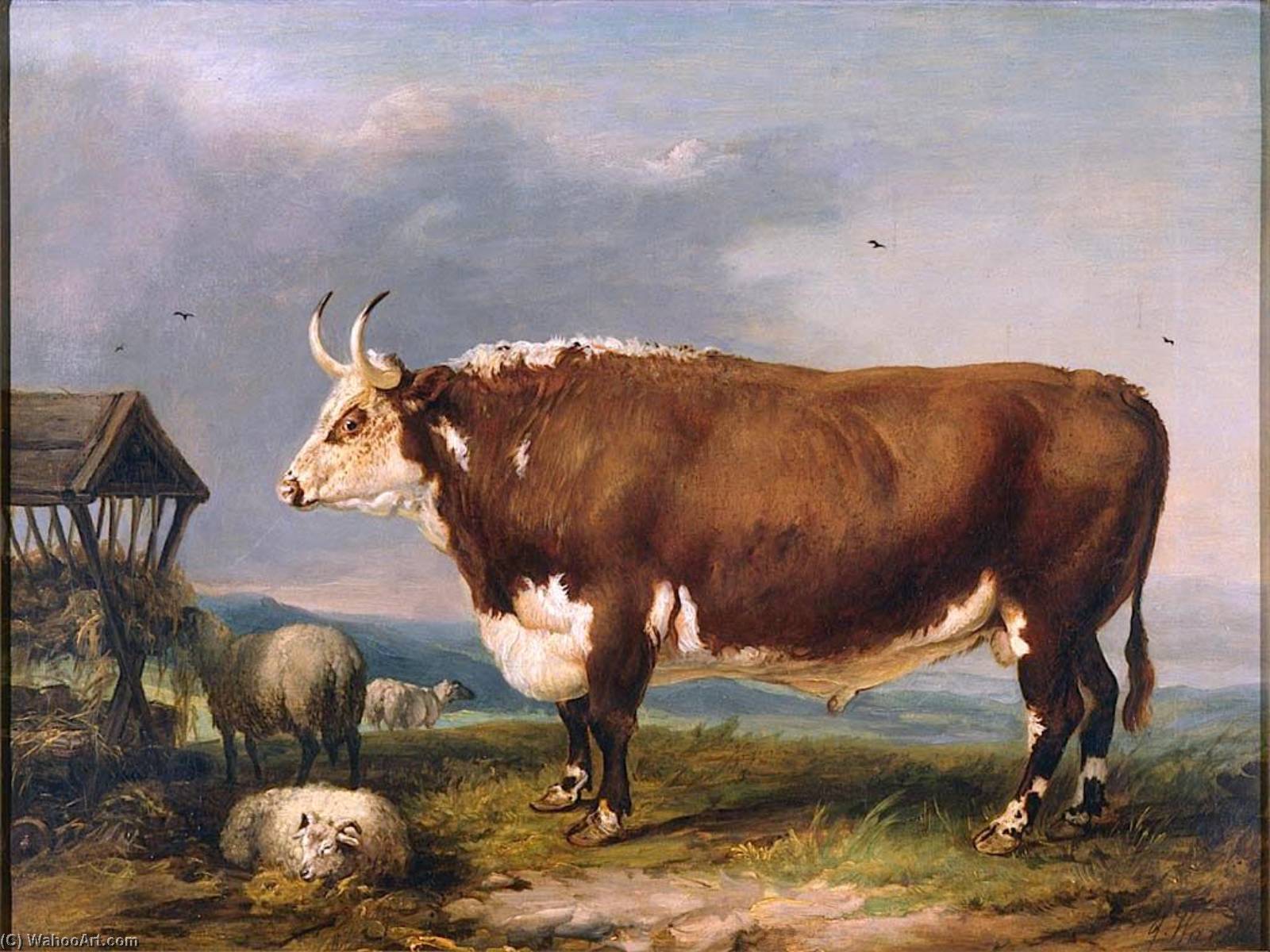 Hereford Bull With Sheep By A Haystack — Джеймс Уорд