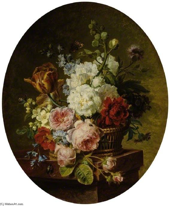 Open Wicker Basket Of Mixed Flowers, Including Tulip, Roses, Harebell, Hollyhock, Poppy, Larkspur And Auricula On A Marble Ledge — Cornelis Van Spaendonck