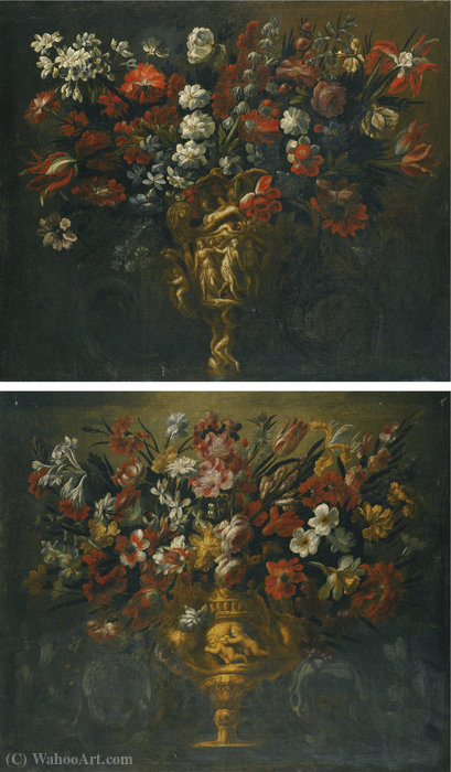 A Pair Of Flower Still Lifes In Sculpted Vases, Flanked By Sculpted Scrollwork — Gabriel De La Corte