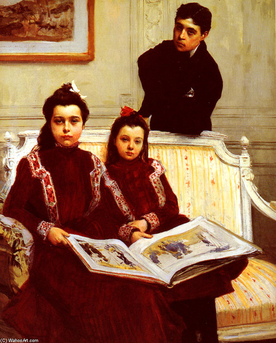 Mily Portrait Of A Boy And His Two Sisters Admiring A Sketch Book — François Flameng