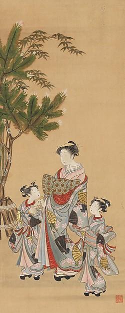 Courtesan And Two Attendants On New Year's Day — Isoda Koryūsai