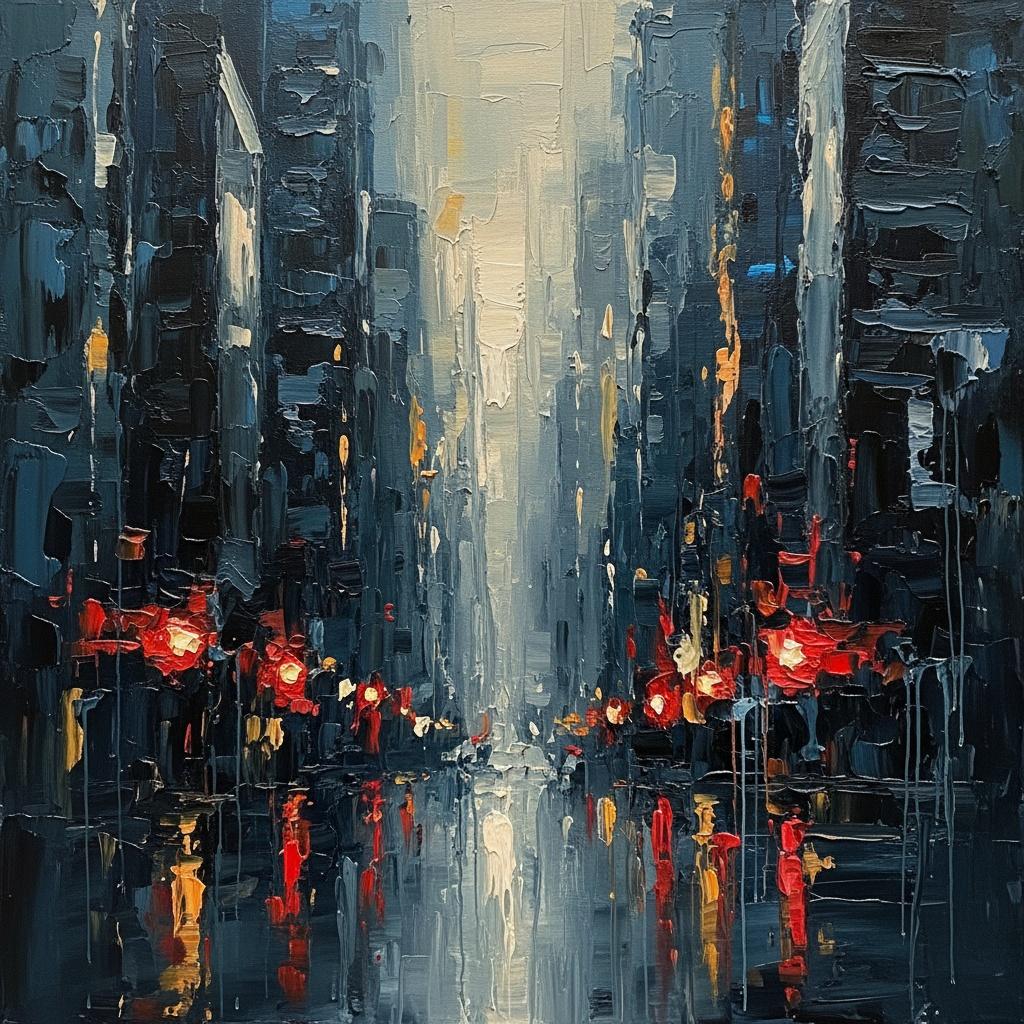 Monolithische Mitternacht: Ein Fragmentierter Urbaner Canyon In Gold Und Karmesinrotem Impasto — Christian Noiret