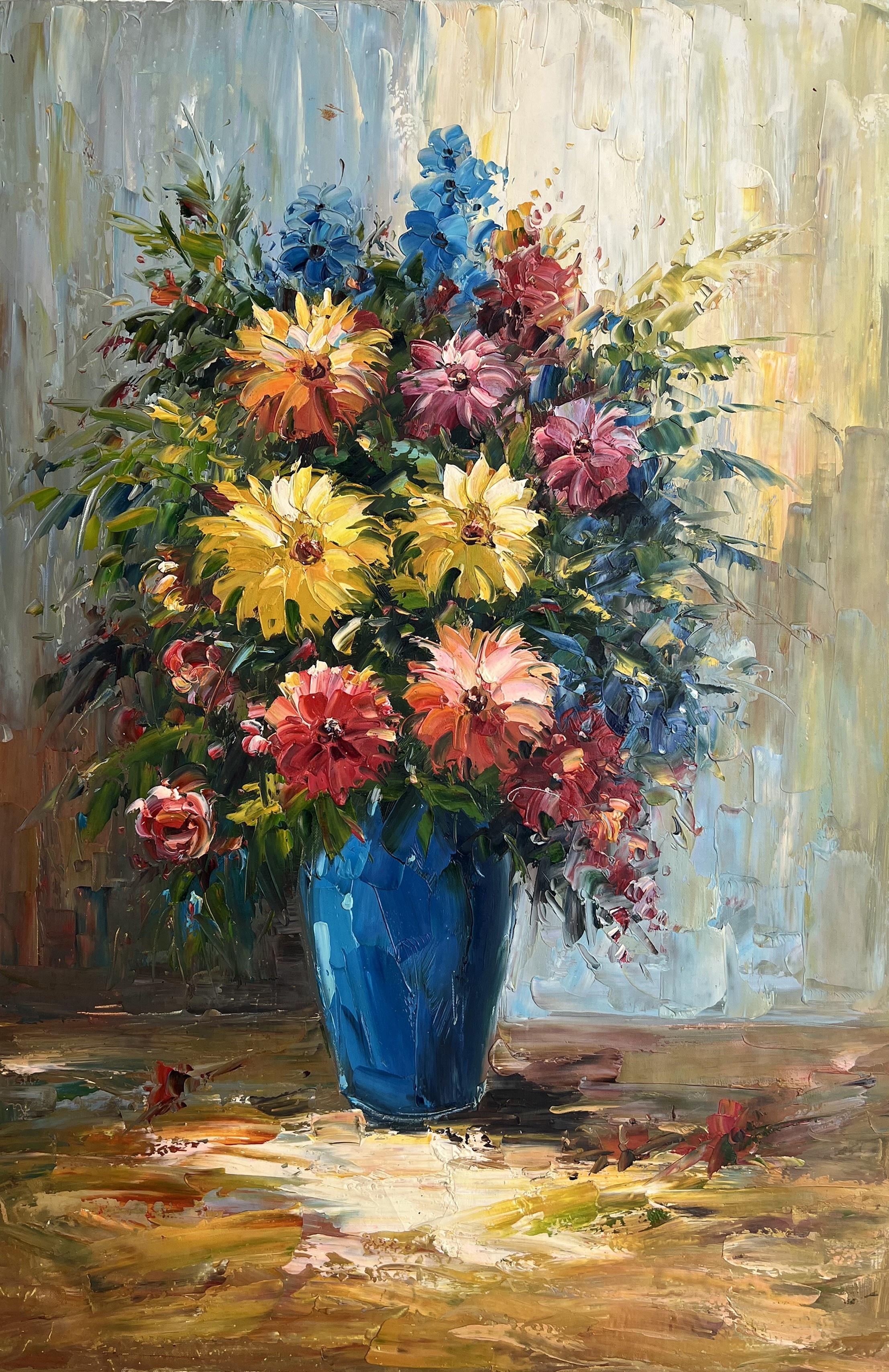 Impressionist Floral Bouquet In Cobalt Blue Vase