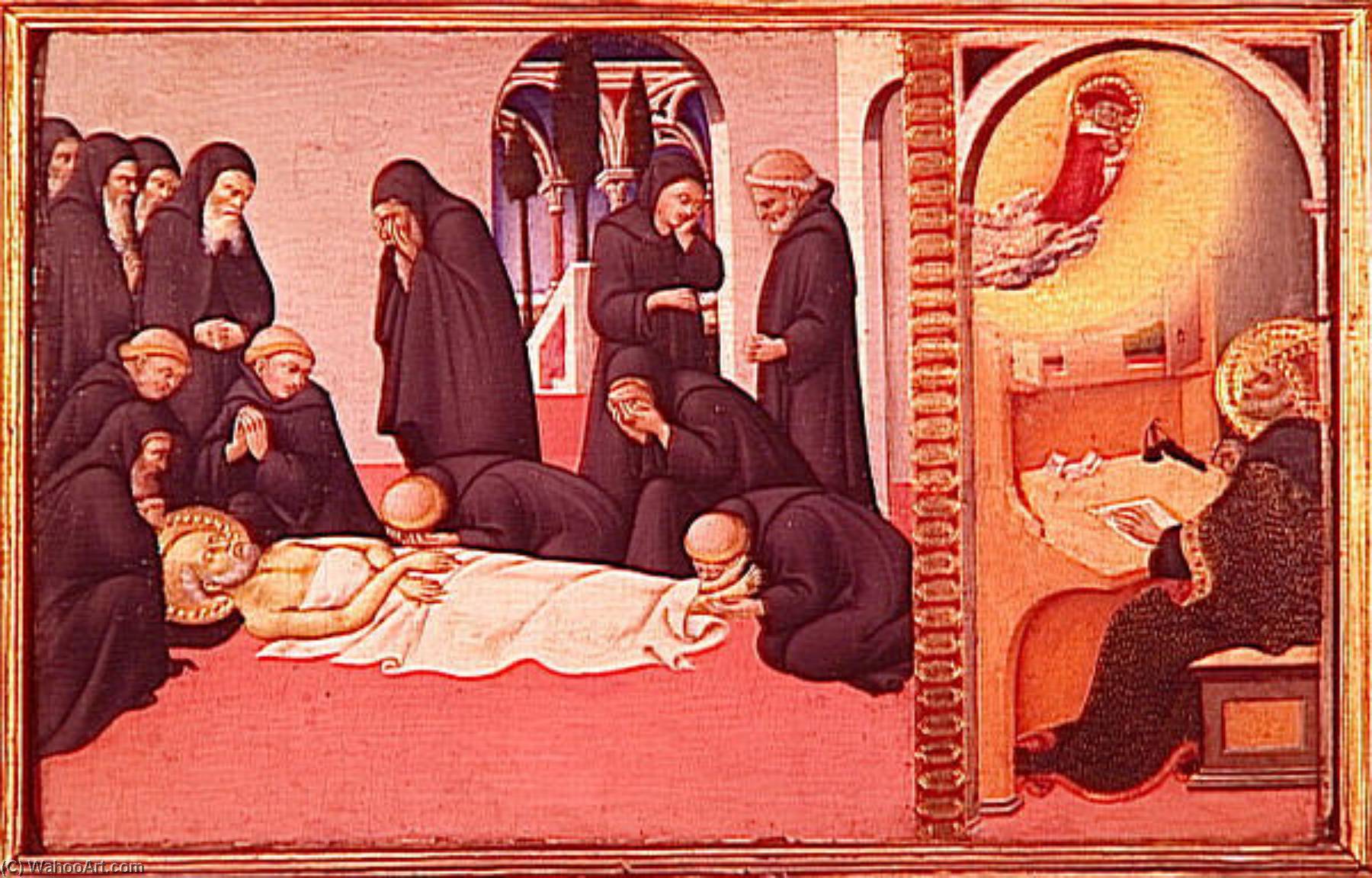 La Mort De Saint Jerome En Presence De Ses Disciples Il Apparait A L'eveque Saint Cyrille De Jerusalem — Ansano Di Pietro Di Mencio