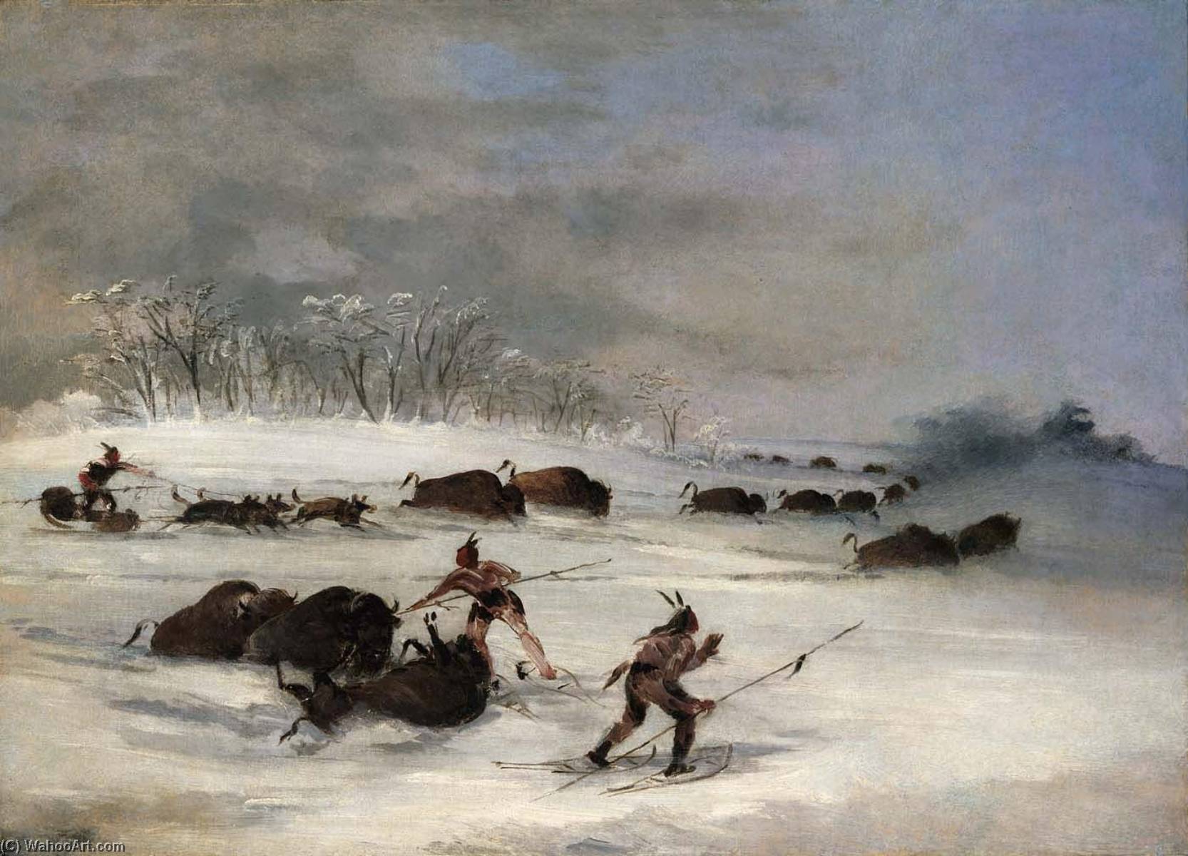 Sioux Indians On Snowshoes Lancing Buffalo — George Catlin