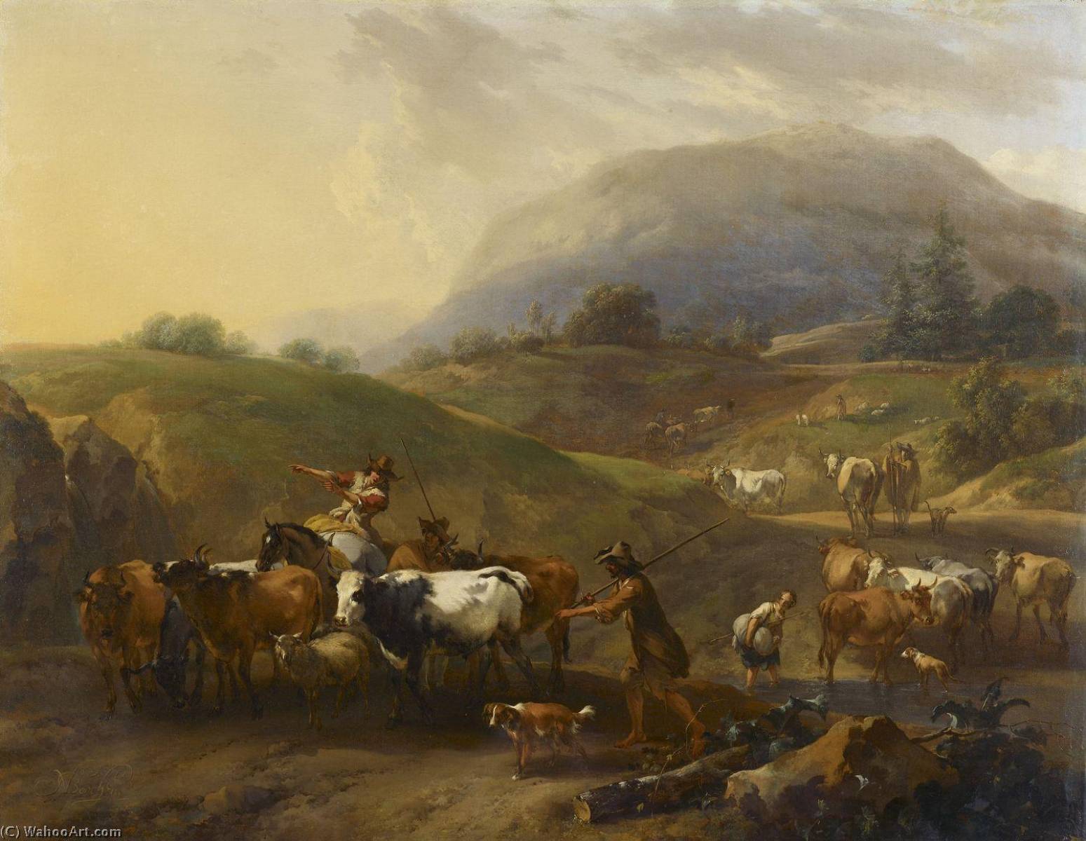 A Mountainous Landscape With Herdsmen Driving Cattle Down A Road — Nicolaes Pietersz Berchem