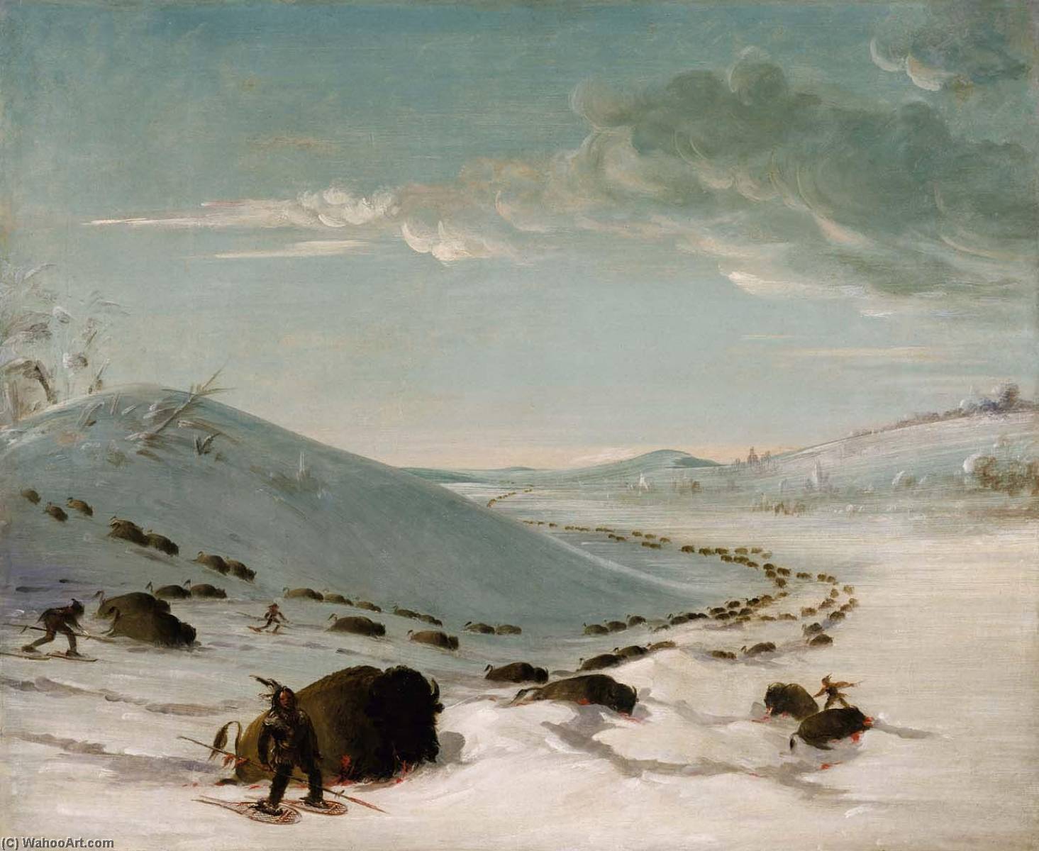 Buffalo Chase In Winter, Indians On Snowshoes — George Catlin