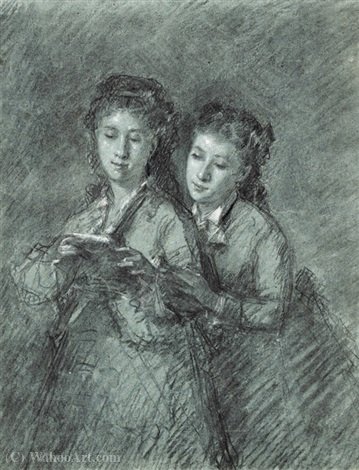 Double Portrait Of Two Sisters At The Common Reading — Celestin Francois Nanteuil