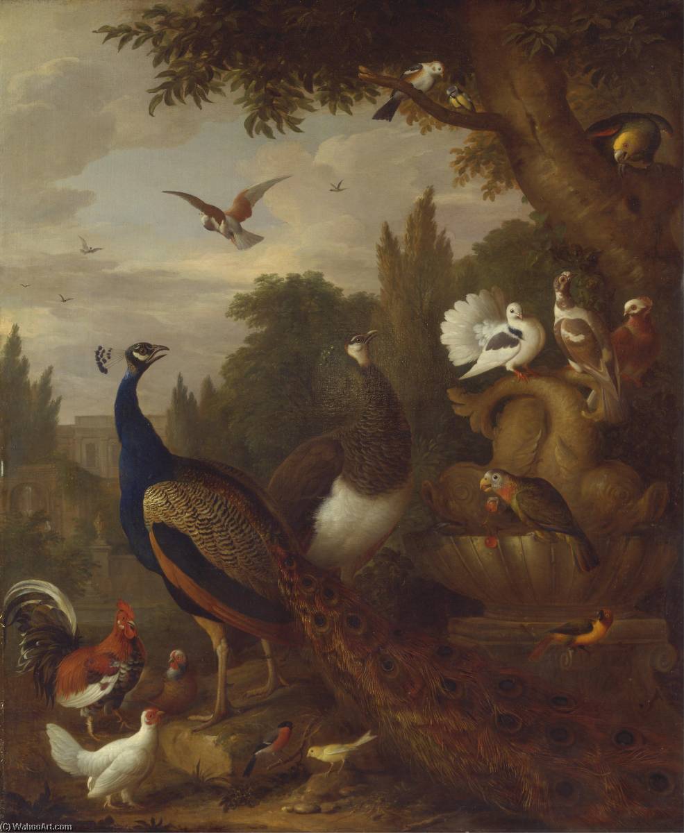 Peacock, Peahen, Parrots, Canary, And Other Birds In A Park — Jakob Bogdani