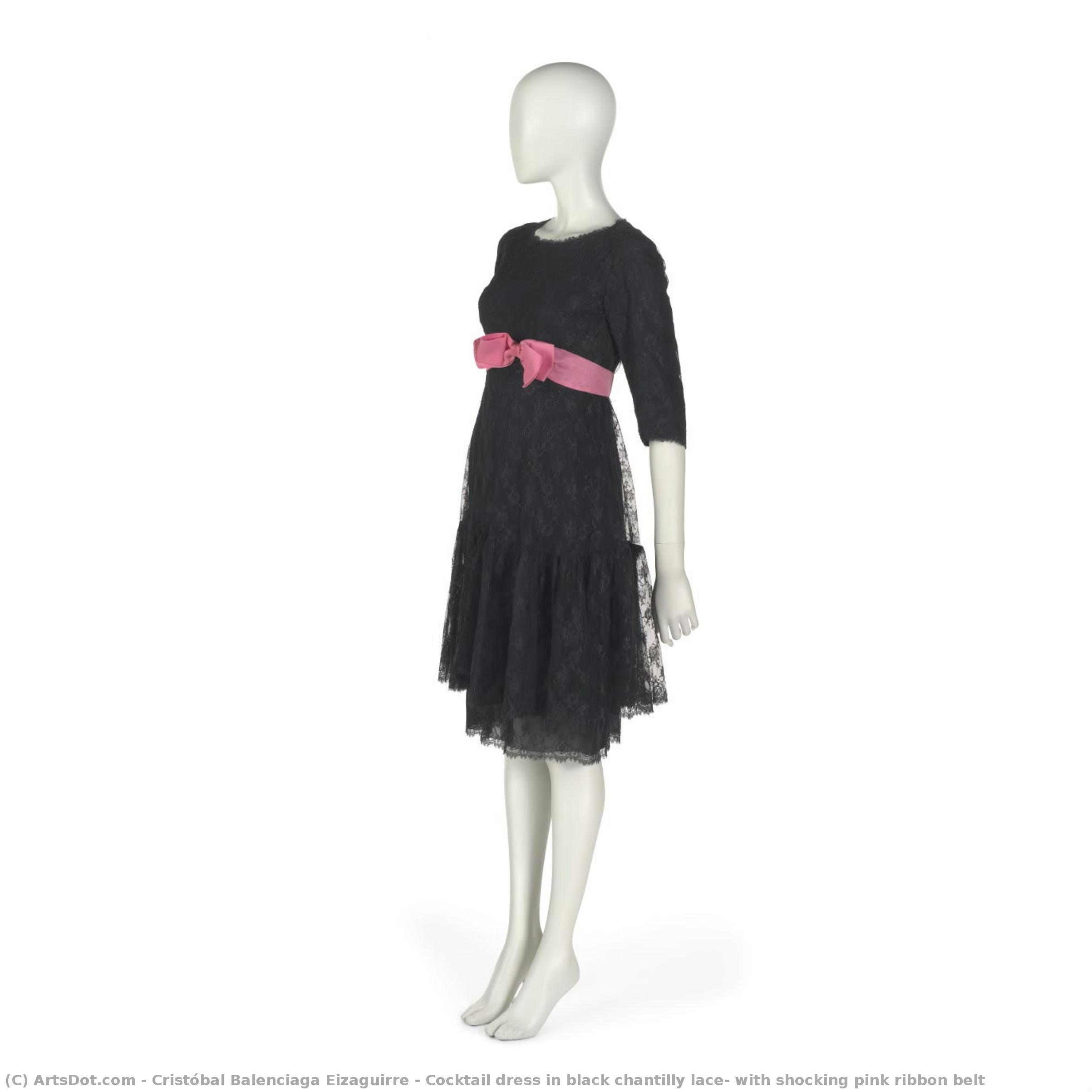 Cocktail Dress In Black Chantilly Lace, With Shocking Pink Ribbon Belt — Kristobal Balensiga Ejzagire