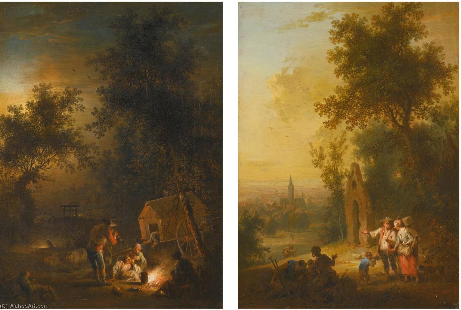 A Landscape With Travellers At Night Resting By A Roadside Fire A Landscape With Travellers Outside A Town — Johann Conrad Seekatz