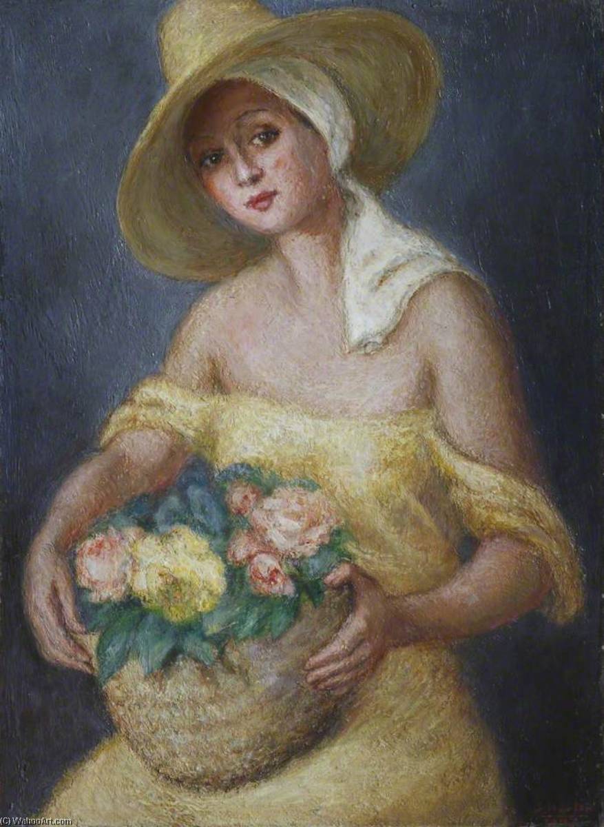 Lady In Yellow Carrying A Basket Of Flowers — Georges Van Houten