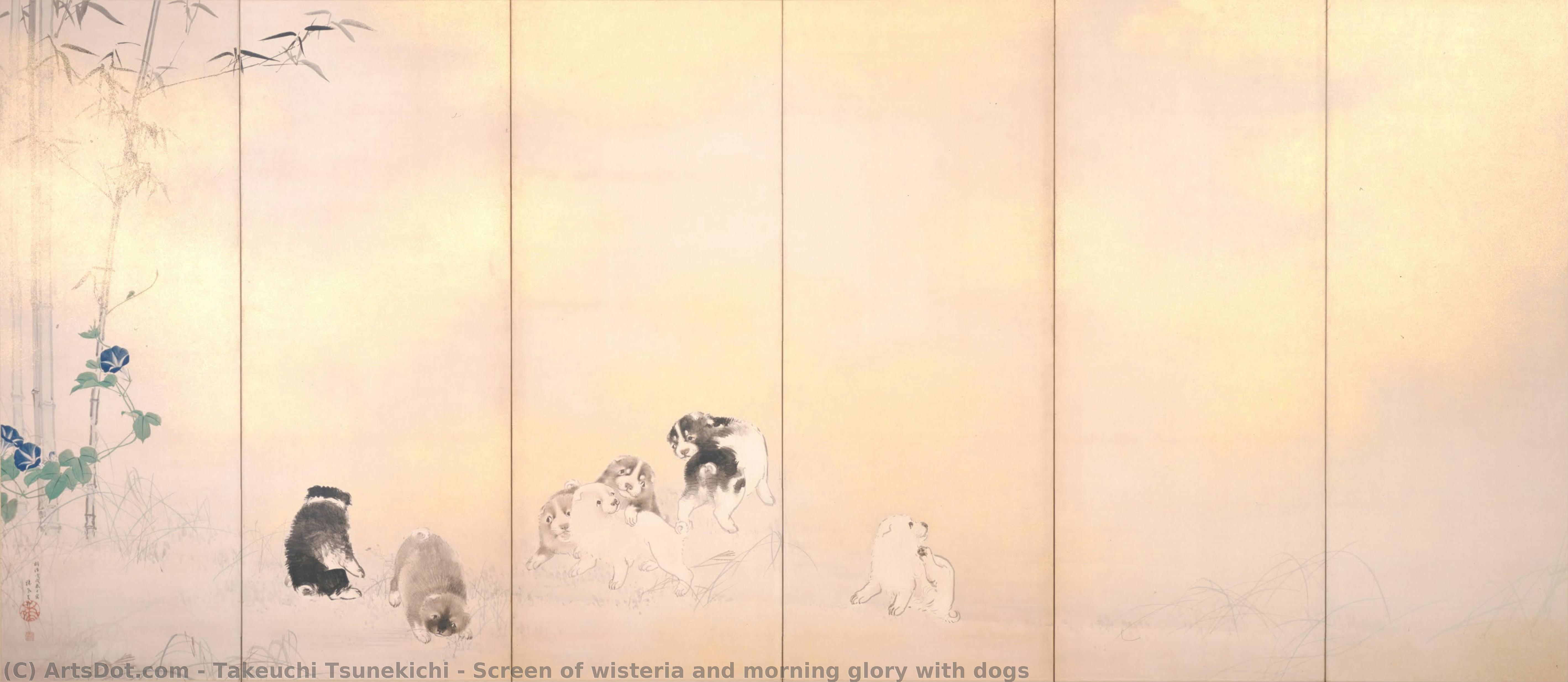 Screen Of Wisteria And Morning Glory With Dogs — Takeuchi Seihō